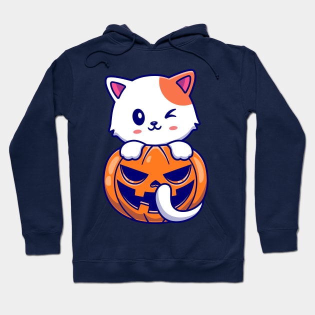 Cute Cat With Pumpkin Halloween Cartoon Hoodie by Catalyst Labs